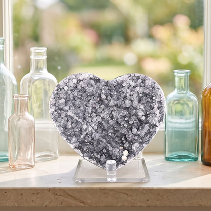 Natural Amethyst Heart Geode Crystal Cluster 3.75 Inch Druzy Display Stone Healing Home Decor Gift