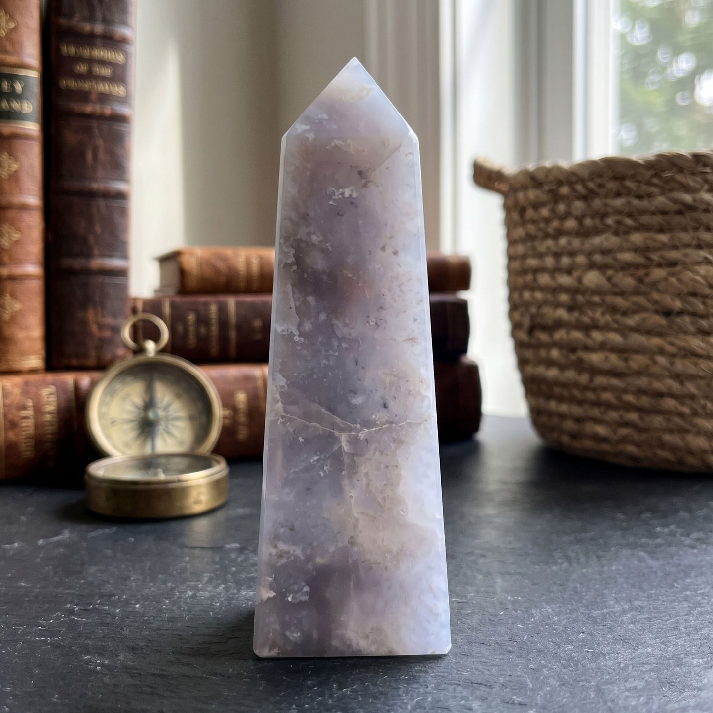 Natural Gray Plume Agate Crystal Obelisk Tower Point Polished Healing Stone for Energy, Balance & Spiritual Growth - RPO474