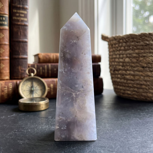 Natural Gray Plume Agate Crystal Obelisk Tower Point Polished Healing Stone for Energy, Balance & Spiritual Growth - RPO474