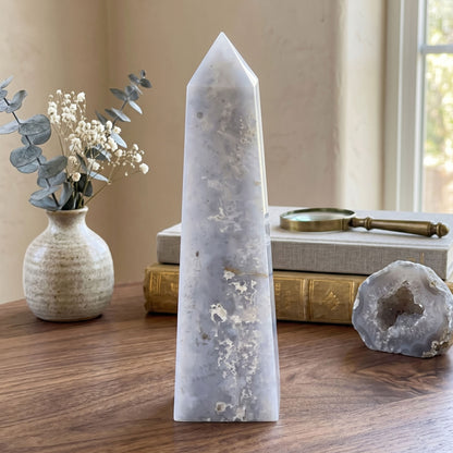 Natural Gray Plume Agate Crystal Obelisk Tower 4 – 4.5"