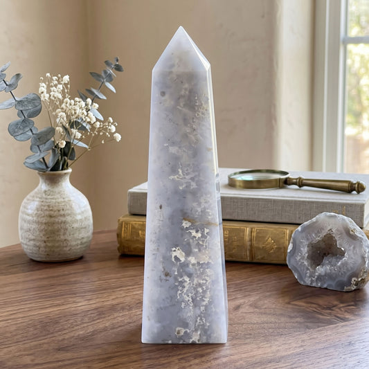 Natural Gray Plume Agate Crystal Obelisk Tower 4 – 4.5"