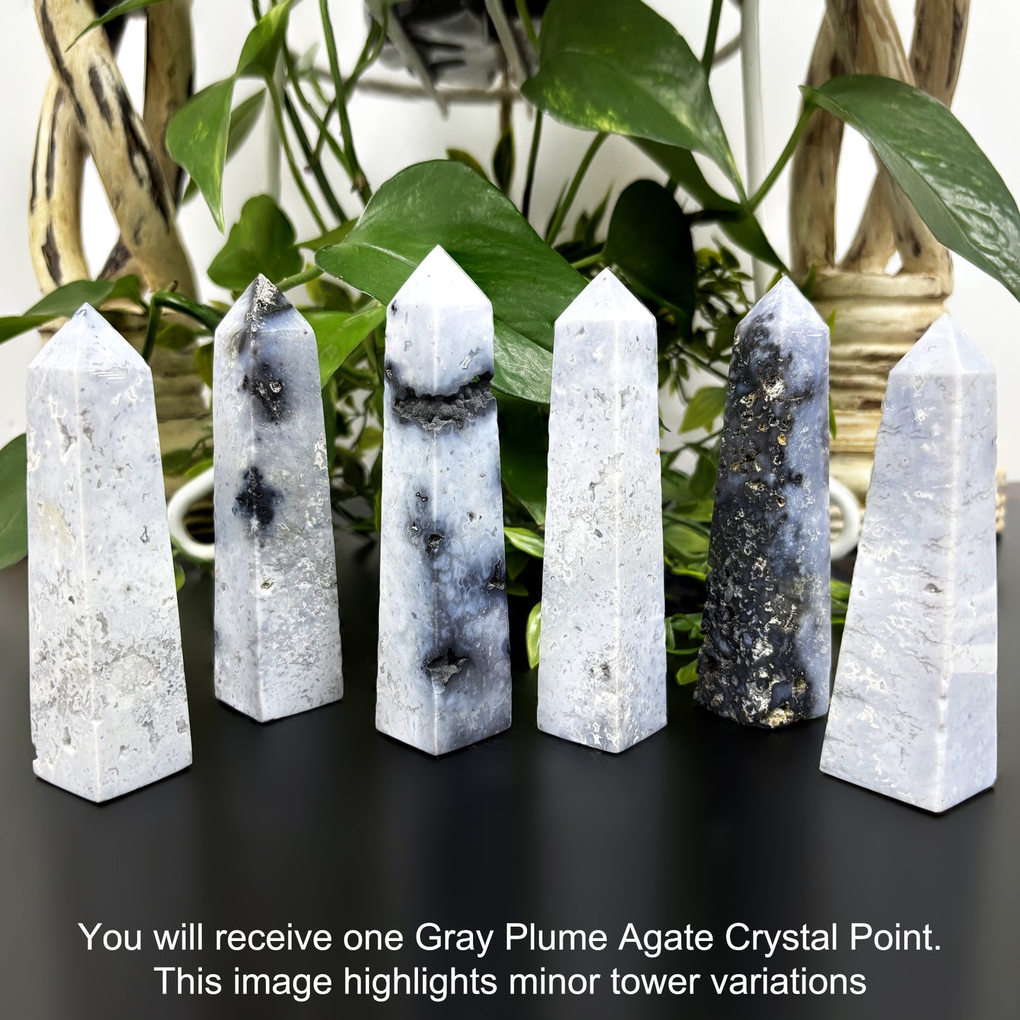 Natural Gray Plume Agate Crystal Obelisk Tower Point Polished Healing Stone for Energy & Balance - RPO476
