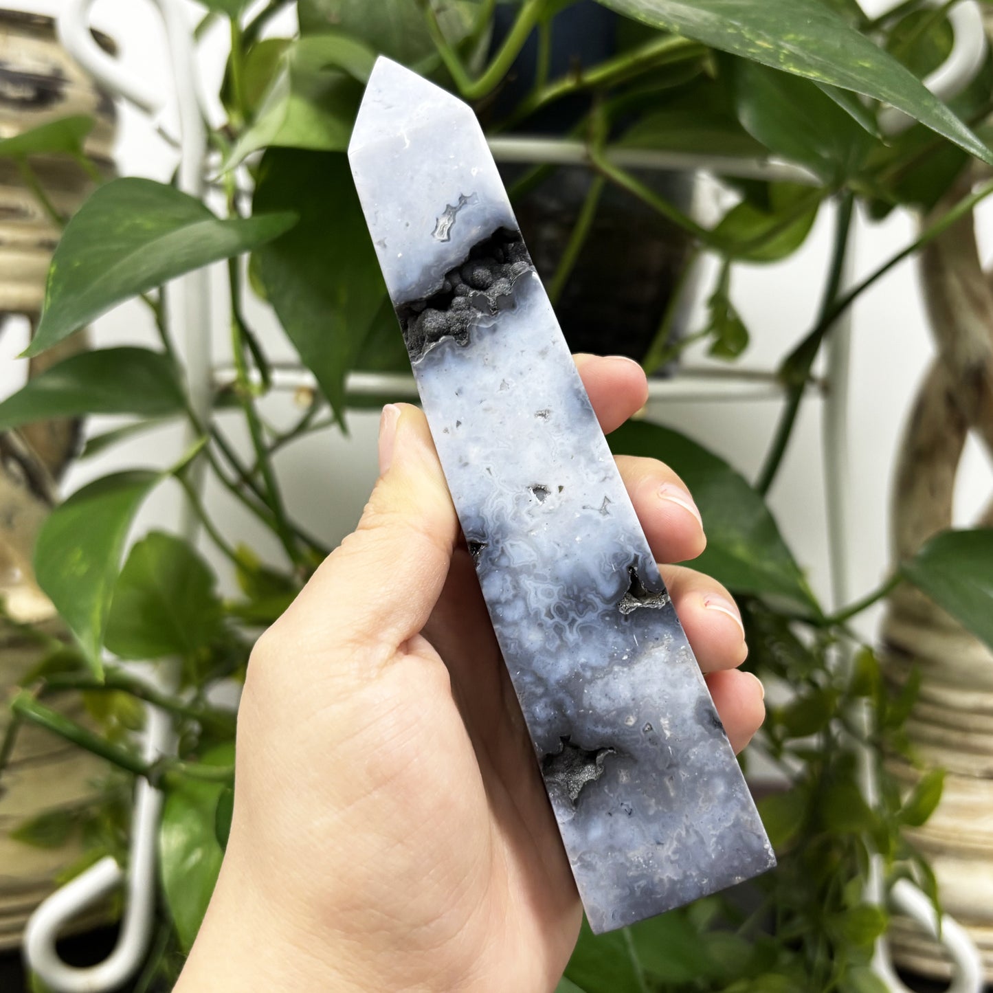 Natural Gray Plume Agate Crystal Obelisk Tower Point Polished Healing Stone for Energy & Balance - RPO476