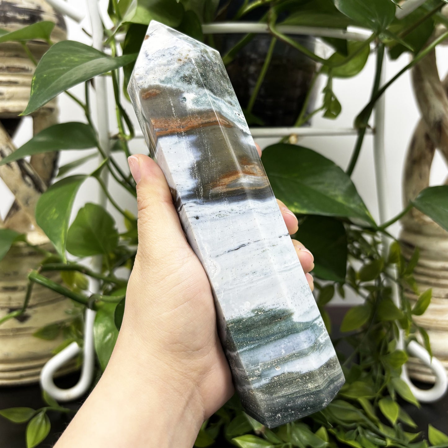 Natural Sea Jasper Crystal Obelisk Tower Point Polished Healing Stone for Calming Energy, Balance & Spiritual Growth - RPO477