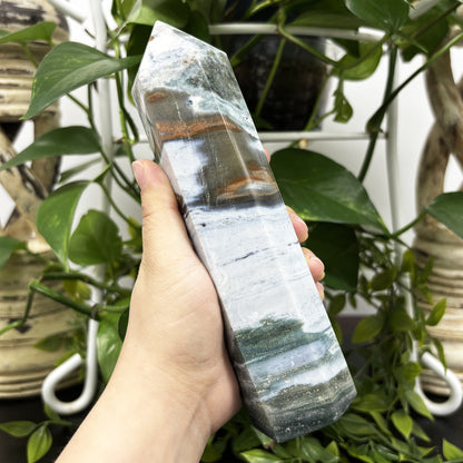 Natural Sea Jasper Crystal Obelisk Tower Point Polished Healing Stone for Calming Energy, Balance & Spiritual Growth - RPO477