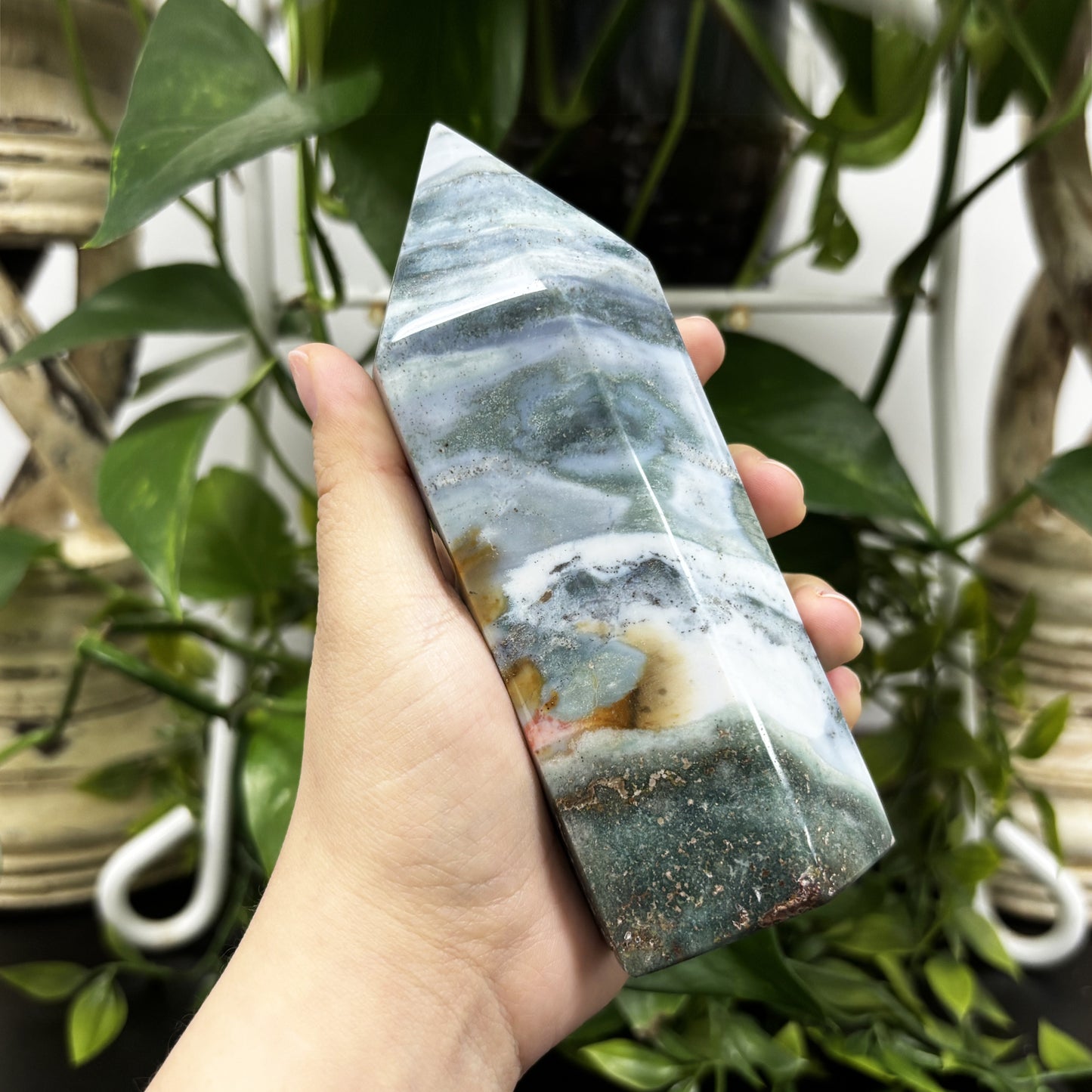Natural Sea Jasper Crystal Obelisk Tower Point Polished Healing Stone for Calming Energy, Balance, Meditation & Décor - RPO478