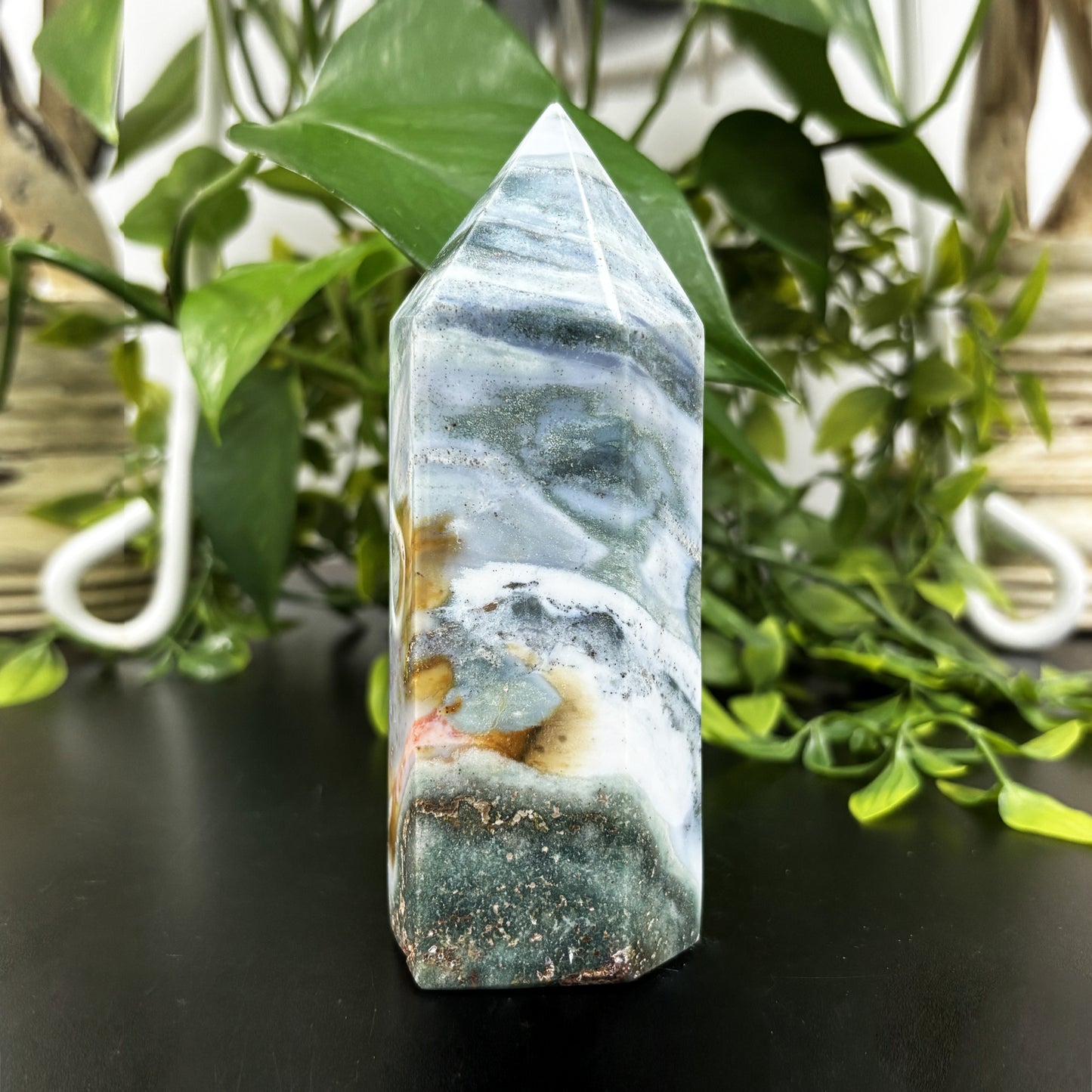 Natural Sea Jasper Crystal Obelisk Tower Point Polished Healing Stone for Calming Energy, Balance, Meditation & Décor - RPO478