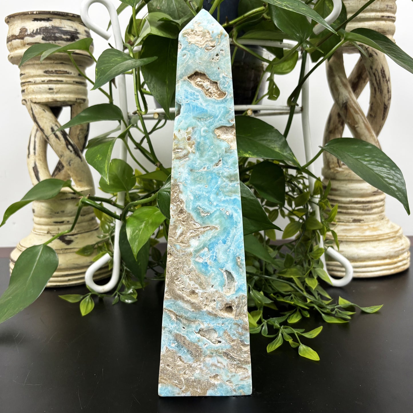 Natural Blue Aragonite Crystal Obelisk Tower Point Polished Healing Stone for Calm, Balance & Energy - RPO480