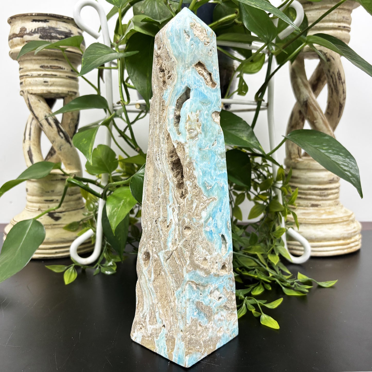 Natural Blue Aragonite Crystal Obelisk Tower Point Polished Healing Stone for Calm, Balance & Energy - RPO480