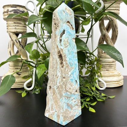 Natural Blue Aragonite Crystal Obelisk Tower Point Polished Healing Stone for Calm, Balance & Energy - RPO480
