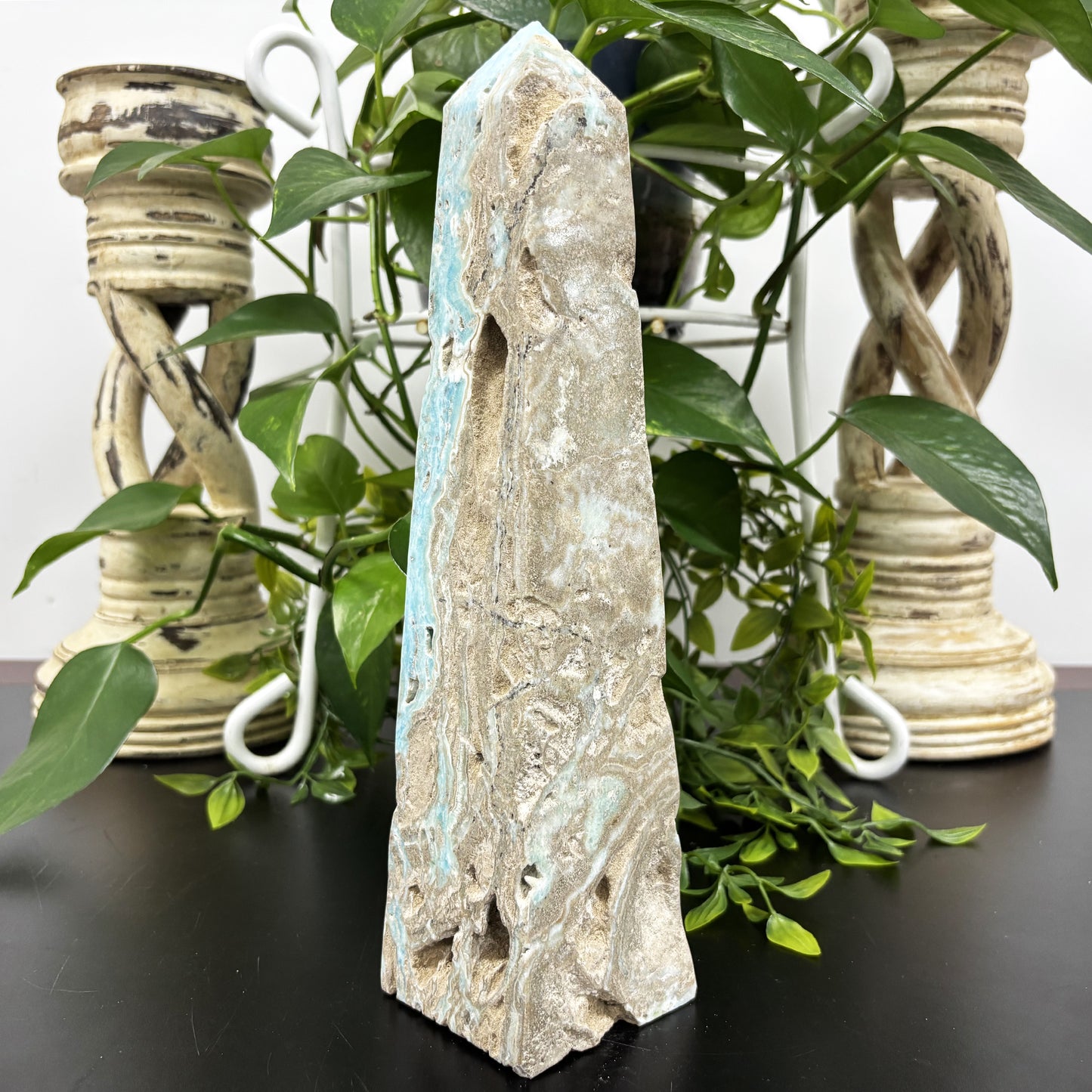 Natural Blue Aragonite Crystal Obelisk Tower Point Polished Healing Stone for Calm, Balance & Energy - RPO480