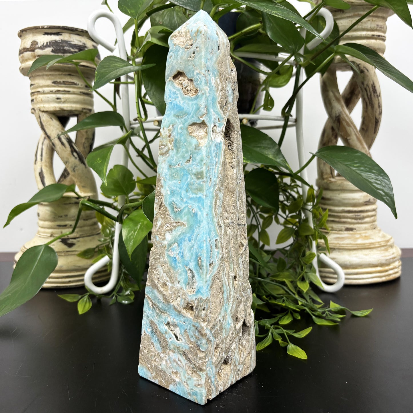 Natural Blue Aragonite Crystal Obelisk Tower Point Polished Healing Stone for Calm, Balance & Energy - RPO480