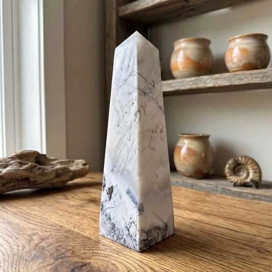 Natural Dendritic Agate Crystal Obelisk Tower Polished Healing Stone Point for Calm, Balance, Positive Energy & Spiritual Growth - RPO495