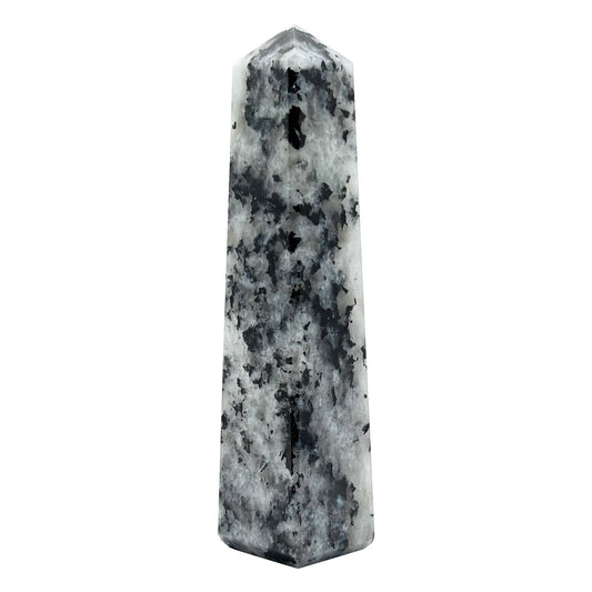 Rainbow Moonstone Crystal Tower Point with Black Tourmaline Inclusions, Healing Crystal Wand for Energy, Meditation & Home Decor - RPO507