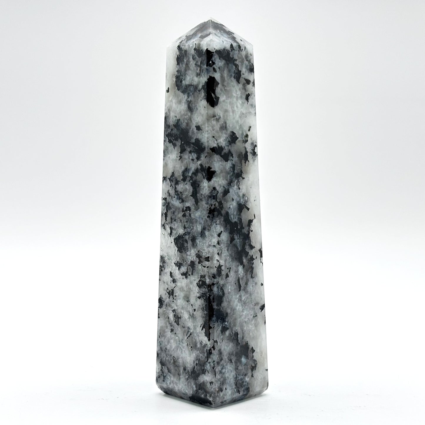 Rainbow Moonstone Crystal Tower Point with Black Tourmaline Inclusions, Healing Crystal Wand for Energy, Meditation & Home Decor - RPO507