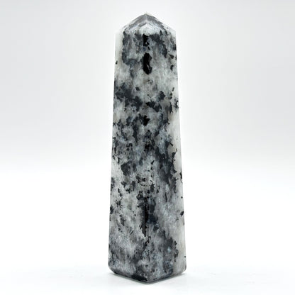 Rainbow Moonstone Crystal Tower Point with Black Tourmaline Inclusions, Healing Crystal Wand for Energy, Meditation & Home Decor - RPO507