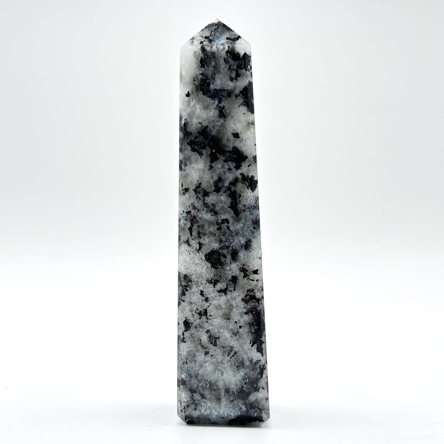 Rainbow Moonstone Crystal Tower Point with Black Tourmaline Inclusions, Healing Crystal Wand for Energy, Meditation & Home Decor - RPO507