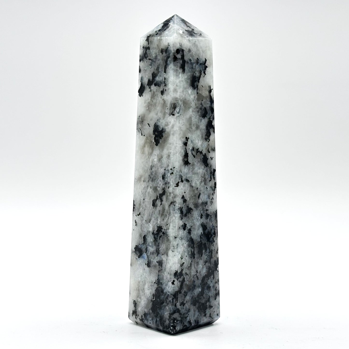 Rainbow Moonstone Crystal Tower Point with Black Tourmaline Inclusions, Healing Crystal Wand for Energy, Meditation & Home Decor - RPO507