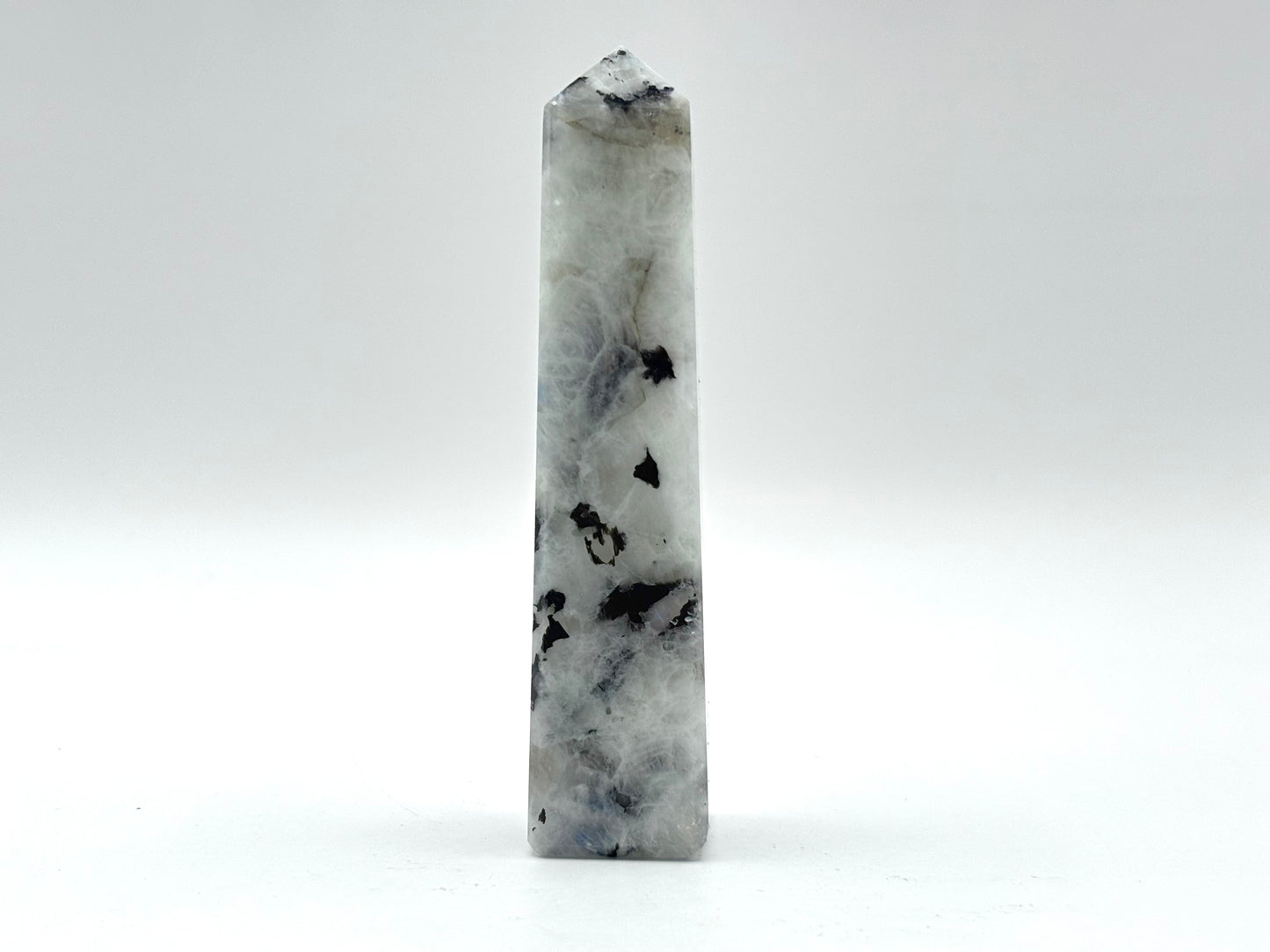 Rainbow Moonstone Crystal Tower Point with Black Tourmaline Inclusions, Healing Crystal Wand for Energy, Meditation & Home Decor