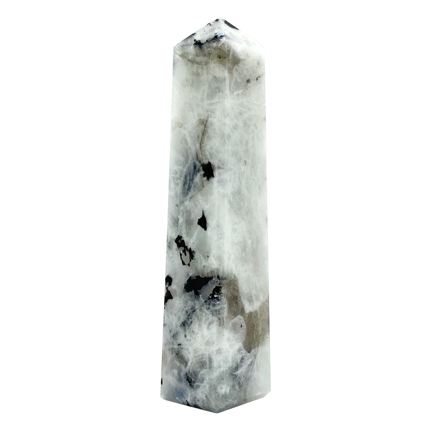 Rainbow Moonstone Crystal Tower Point with Black Tourmaline Inclusions, Healing Crystal Wand for Energy, Meditation & Home Decor - RPO507