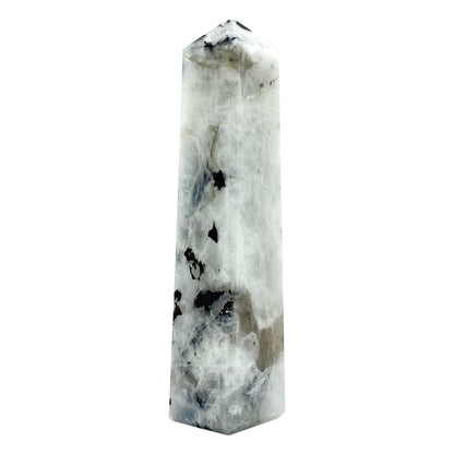 Rainbow Moonstone Crystal Tower Point with Black Tourmaline Inclusions, Healing Crystal Wand for Energy, Meditation & Home Decor - RPO507