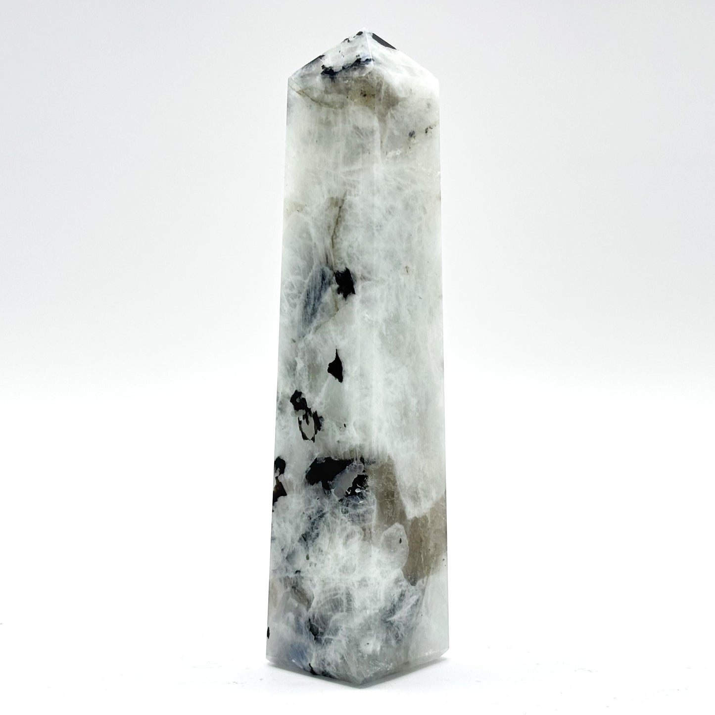 Rainbow Moonstone Crystal Tower Point with Black Tourmaline Inclusions, Healing Crystal Wand for Energy, Meditation & Home Decor - RPO507