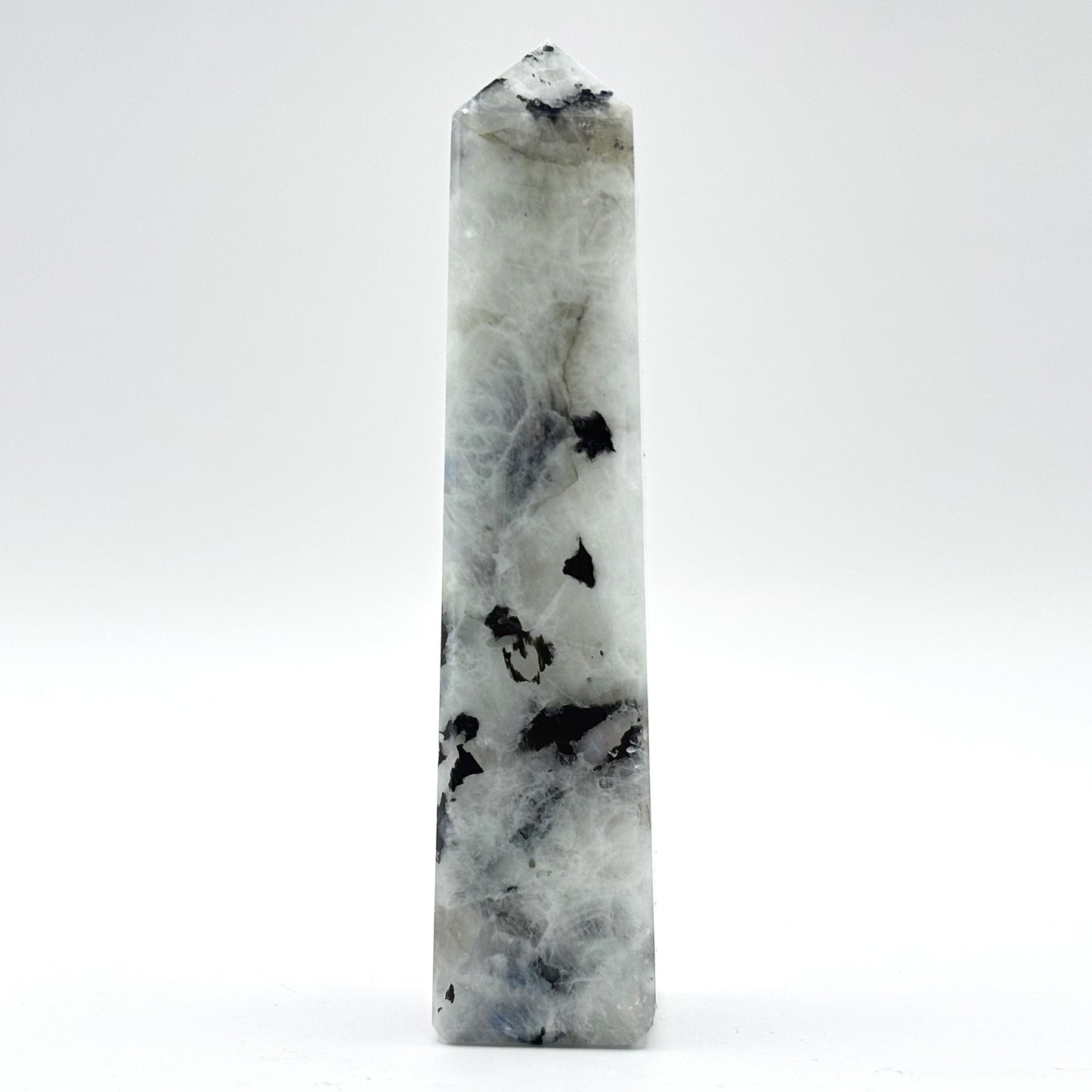 Rainbow Moonstone Crystal Tower Point with Black Tourmaline Inclusions, Healing Crystal Wand for Energy, Meditation & Home Decor - RPO507