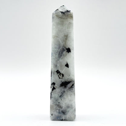Rainbow Moonstone Crystal Tower Point with Black Tourmaline Inclusions, Healing Crystal Wand for Energy, Meditation & Home Decor - RPO507