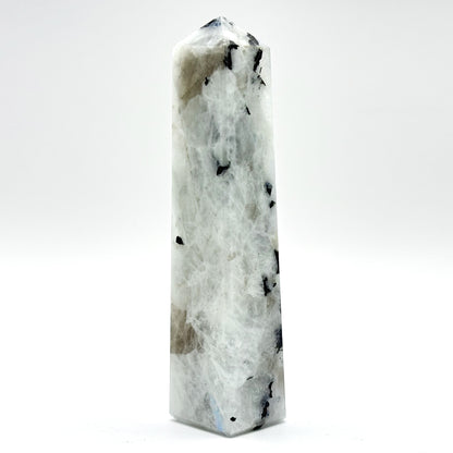 Rainbow Moonstone Crystal Tower Point with Black Tourmaline Inclusions, Healing Crystal Wand for Energy, Meditation & Home Decor - RPO507