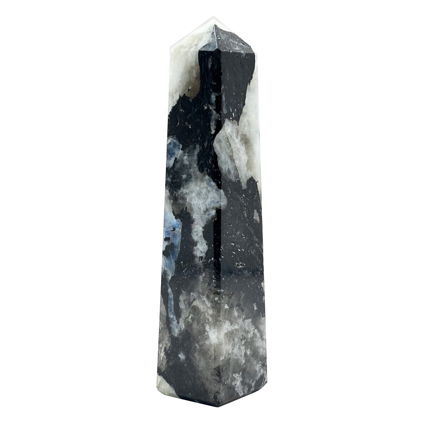 Rainbow Moonstone Crystal Tower Point with Black Tourmaline Inclusions, Healing Crystal Wand for Energy, Meditation & Home Decor - RPO507