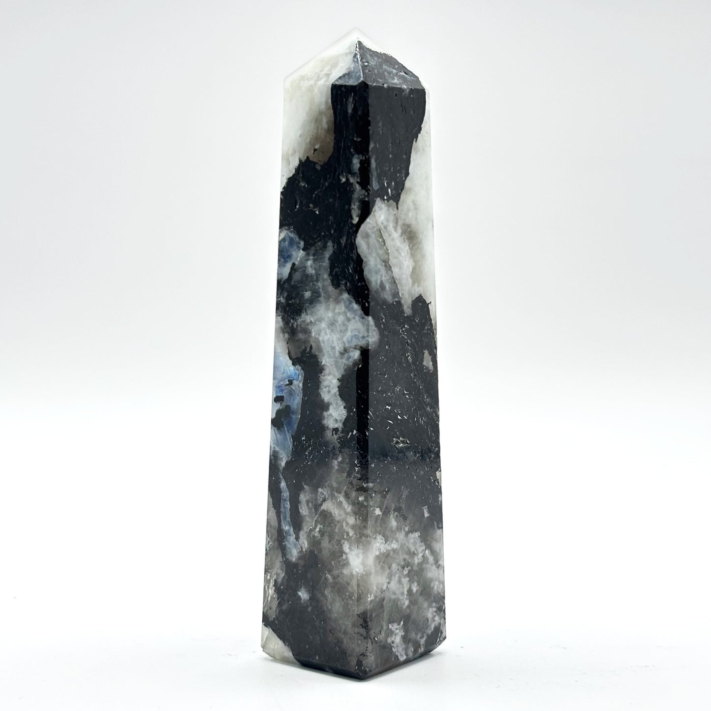 Rainbow Moonstone Crystal Tower Point with Black Tourmaline Inclusions, Healing Crystal Wand for Energy, Meditation & Home Decor - RPO507