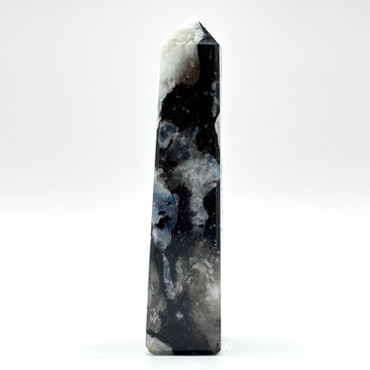 Rainbow Moonstone Crystal Tower Point with Black Tourmaline Inclusions, Healing Crystal Wand for Energy, Meditation & Home Decor - RPO507