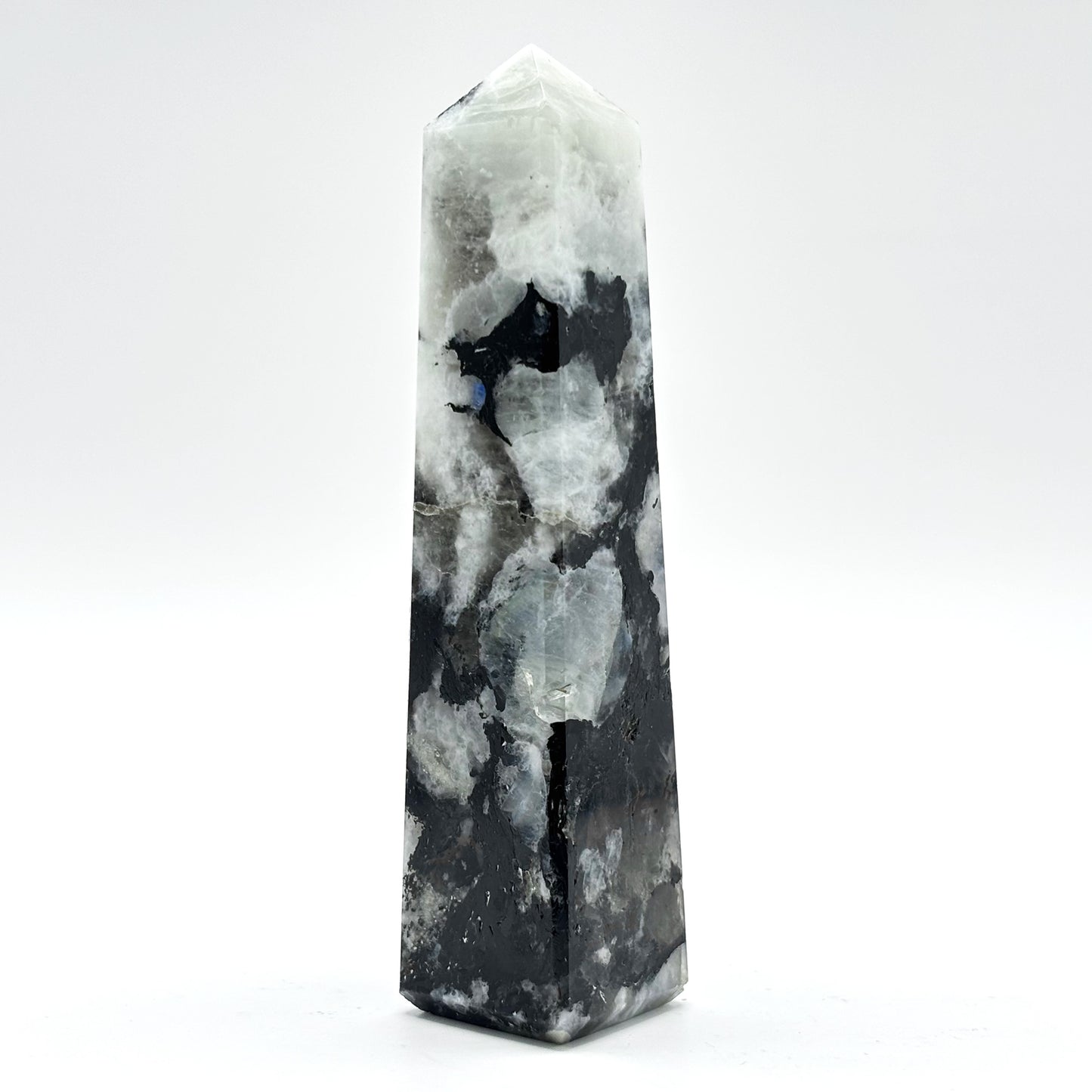Rainbow Moonstone Crystal Tower Point with Black Tourmaline Inclusions, Healing Crystal Wand for Energy, Meditation & Home Decor - RPO507