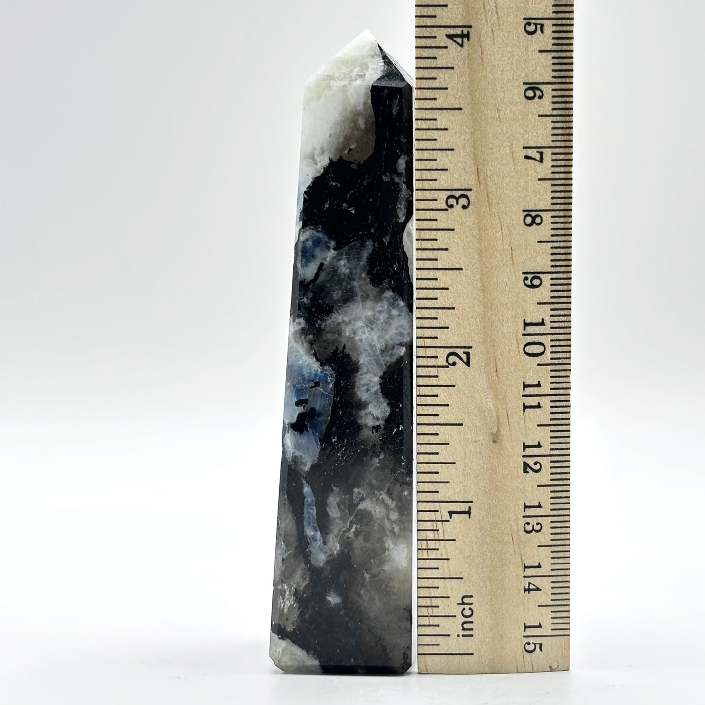 Rainbow Moonstone Crystal Tower Point with Black Tourmaline Inclusions, Healing Crystal Wand for Energy, Meditation & Home Decor - RPO507