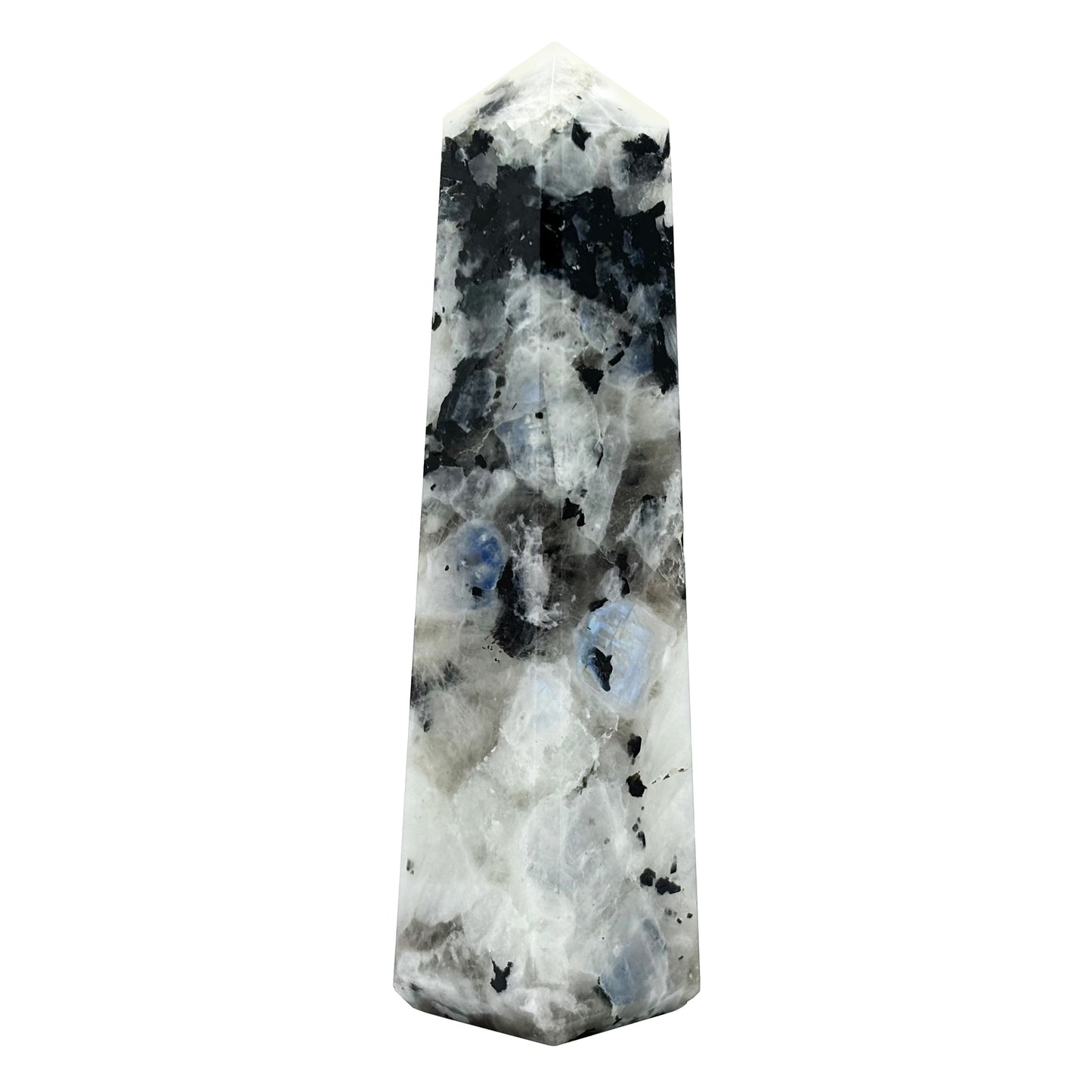Rainbow Moonstone Crystal Tower Point with Black Tourmaline Inclusions, Healing Crystal Wand for Energy, Meditation & Home Decor - RPO507