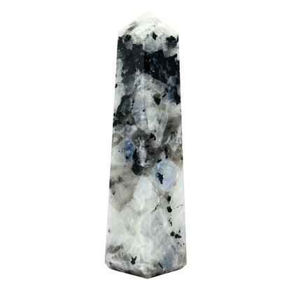 Rainbow Moonstone Crystal Tower Point with Black Tourmaline Inclusions, Healing Crystal Wand for Energy, Meditation & Home Decor - RPO507