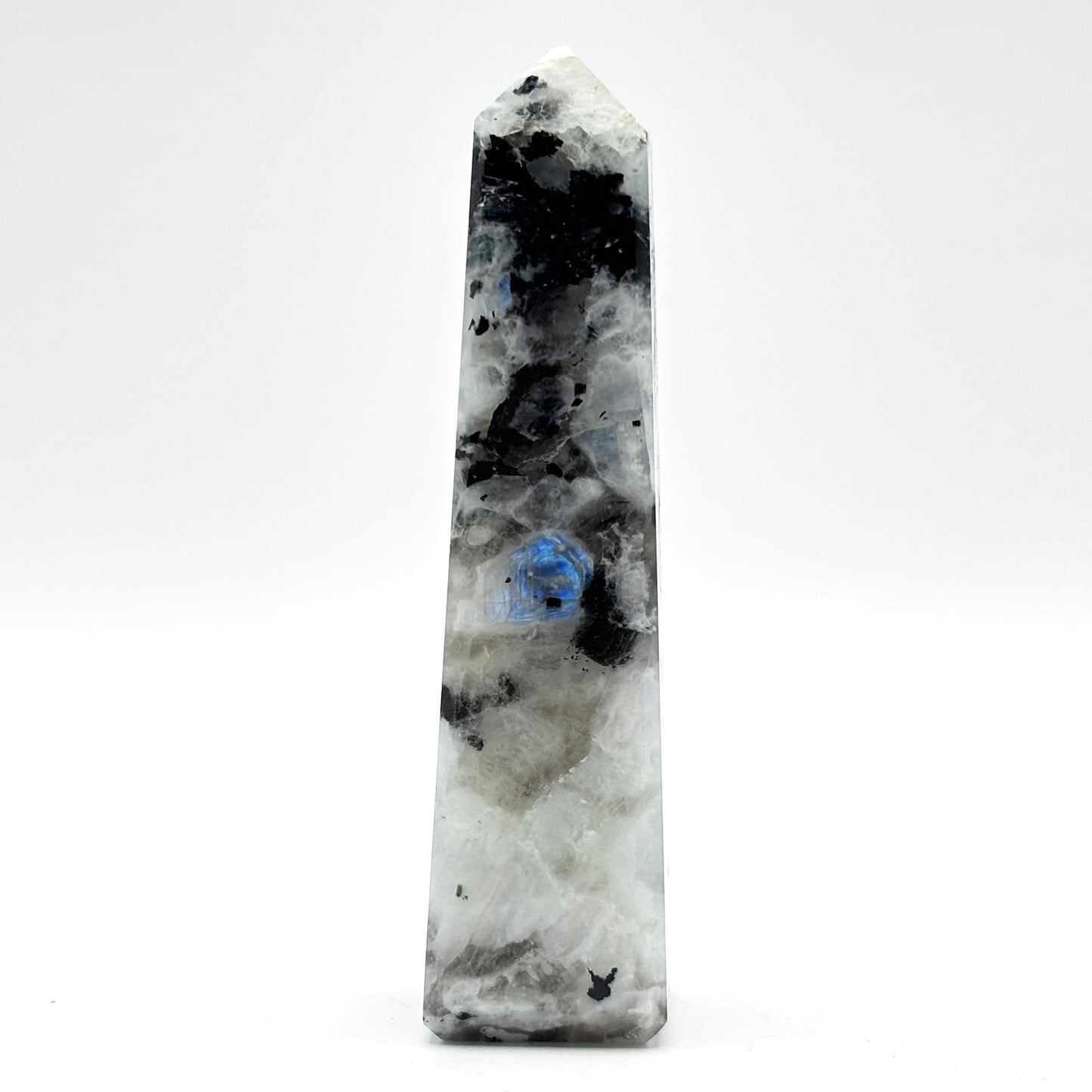Rainbow Moonstone Crystal Tower Point with Black Tourmaline Inclusions, Healing Crystal Wand for Energy, Meditation & Home Decor - RPO507