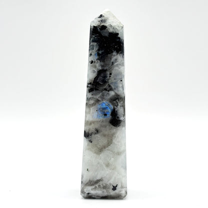 Rainbow Moonstone Crystal Tower Point with Black Tourmaline Inclusions, Healing Crystal Wand for Energy, Meditation & Home Decor - RPO507