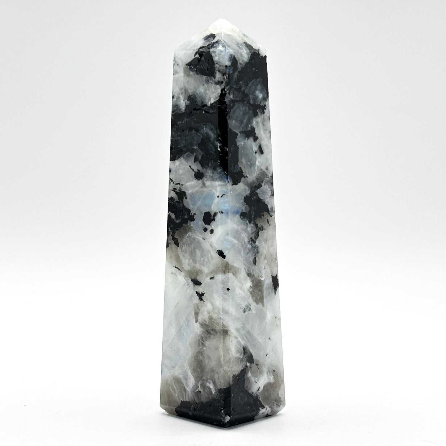 Rainbow Moonstone Crystal Tower Point with Black Tourmaline Inclusions, Healing Crystal Wand for Energy, Meditation & Home Decor - RPO507
