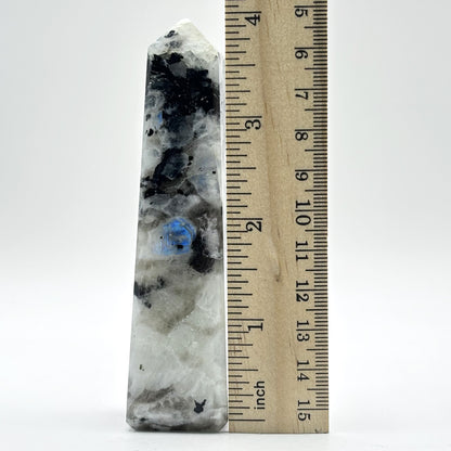 Rainbow Moonstone Crystal Tower Point with Black Tourmaline Inclusions, Healing Crystal Wand for Energy, Meditation & Home Decor - RPO507