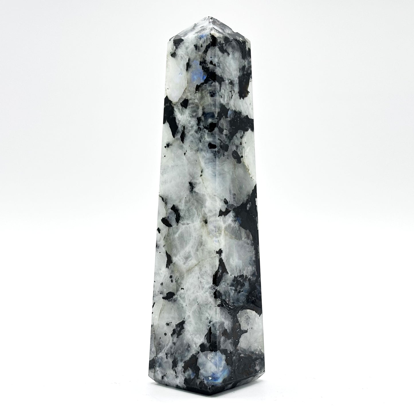 Rainbow Moonstone Crystal Tower Point with Black Tourmaline Inclusions, Healing Crystal Wand for Energy, Meditation & Home Decor - RPO507