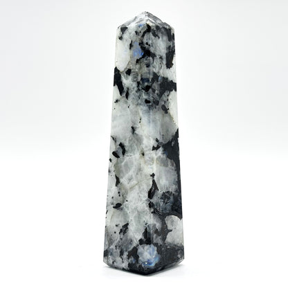 Rainbow Moonstone Crystal Tower Point with Black Tourmaline Inclusions, Healing Crystal Wand for Energy, Meditation & Home Decor - RPO507