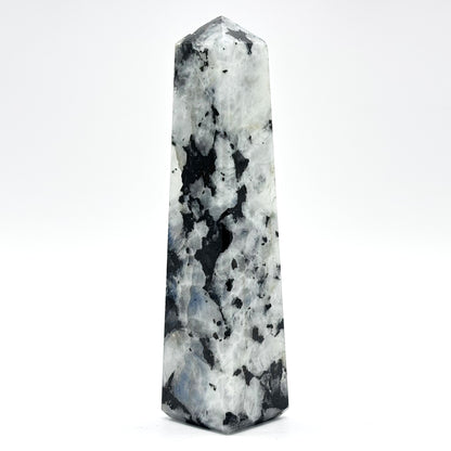 Rainbow Moonstone Crystal Tower Point with Black Tourmaline Inclusions, Healing Crystal Wand for Energy, Meditation & Home Decor - RPO507