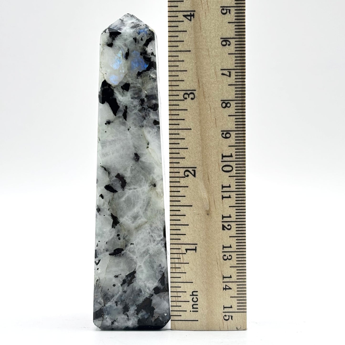 Rainbow Moonstone Crystal Tower Point with Black Tourmaline Inclusions, Healing Crystal Wand for Energy, Meditation & Home Decor - RPO507