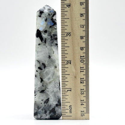 Rainbow Moonstone Crystal Tower Point with Black Tourmaline Inclusions, Healing Crystal Wand for Energy, Meditation & Home Decor - RPO507