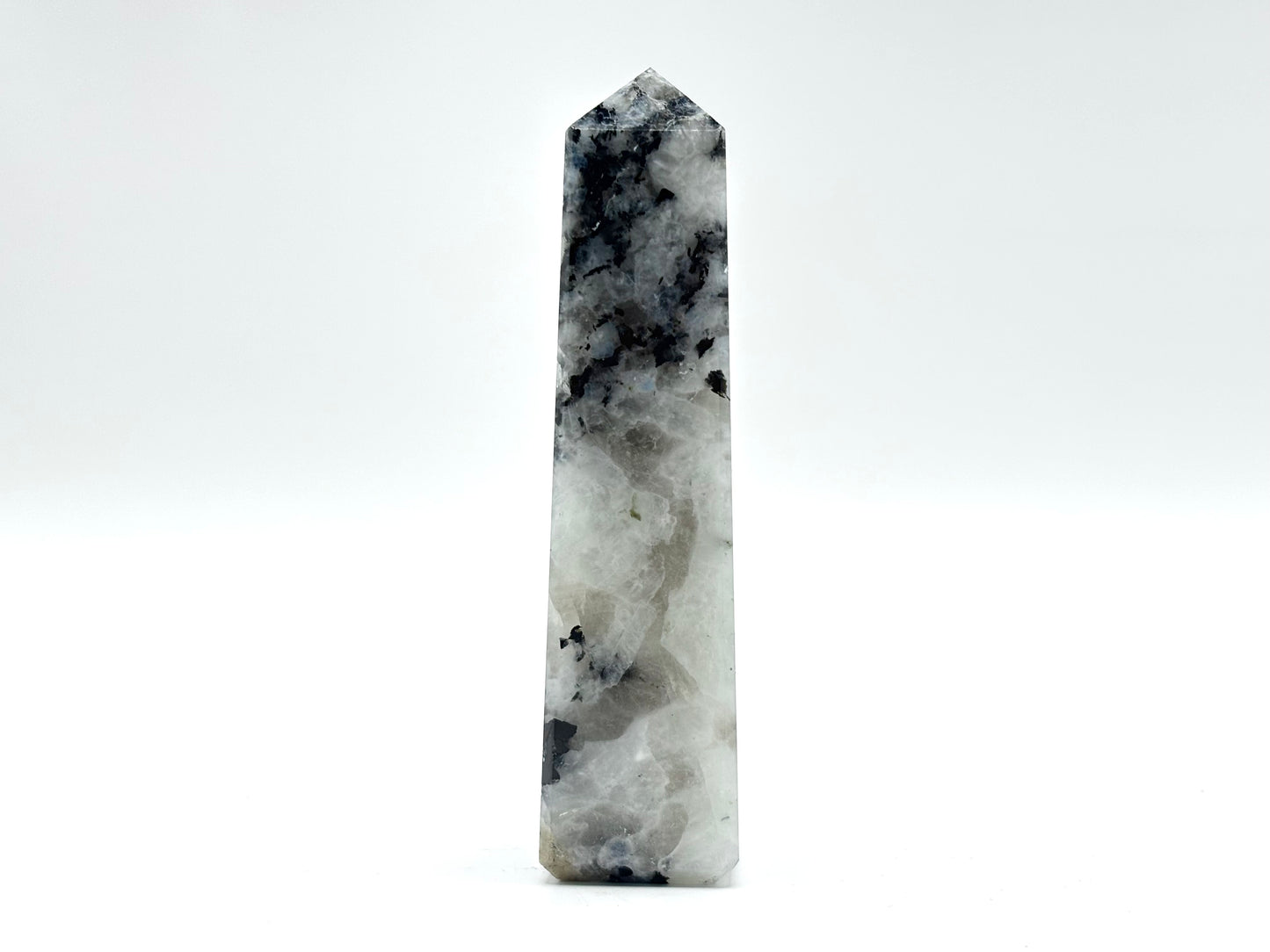 Rainbow Moonstone Crystal Tower Point with Black Tourmaline Inclusions, Healing Crystal Wand for Energy, Meditation & Home Decor