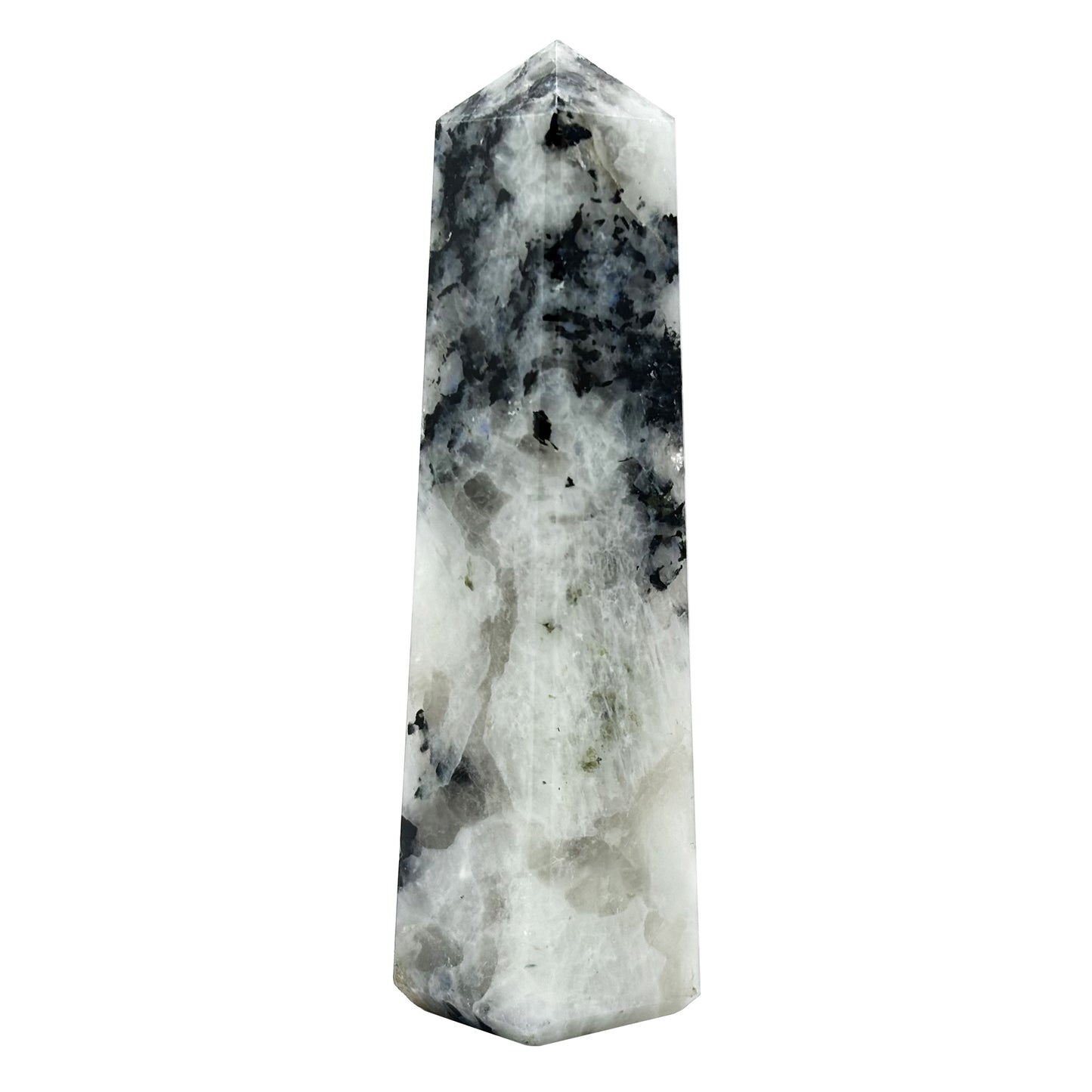 Rainbow Moonstone Crystal Tower Point with Black Tourmaline Inclusions, Healing Crystal Wand for Energy, Meditation & Home Decor - RPO507