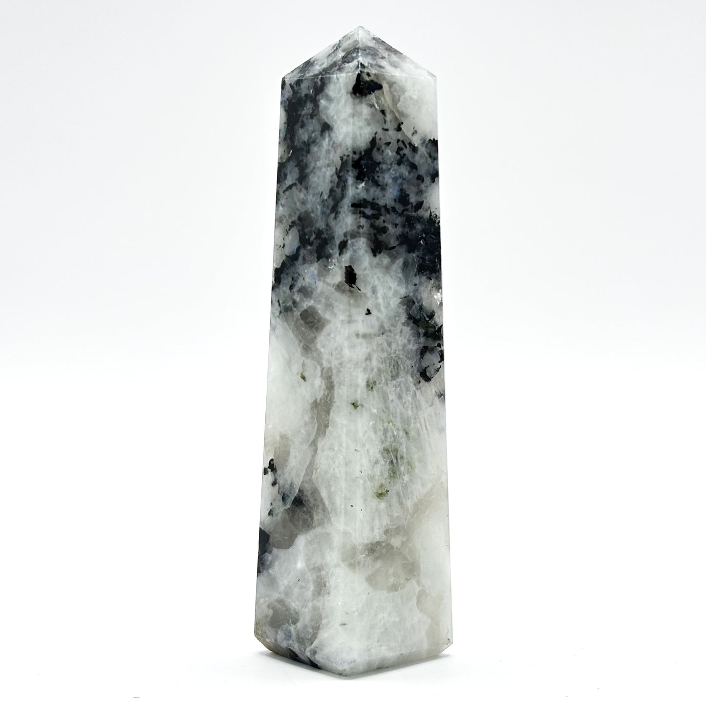 Rainbow Moonstone Crystal Tower Point with Black Tourmaline Inclusions, Healing Crystal Wand for Energy, Meditation & Home Decor - RPO507