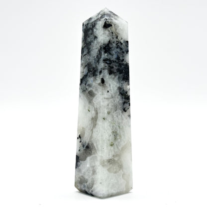 Rainbow Moonstone Crystal Tower Point with Black Tourmaline Inclusions, Healing Crystal Wand for Energy, Meditation & Home Decor - RPO507