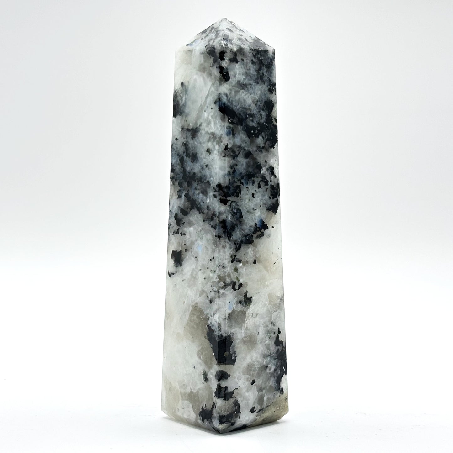 Rainbow Moonstone Crystal Tower Point with Black Tourmaline Inclusions, Healing Crystal Wand for Energy, Meditation & Home Decor - RPO507